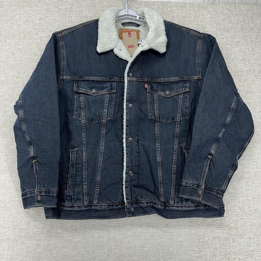 Levi's Trucker Denim Jacket Mens 2XL Dark‎ Blue Sherpa Lined Snap Front Warm